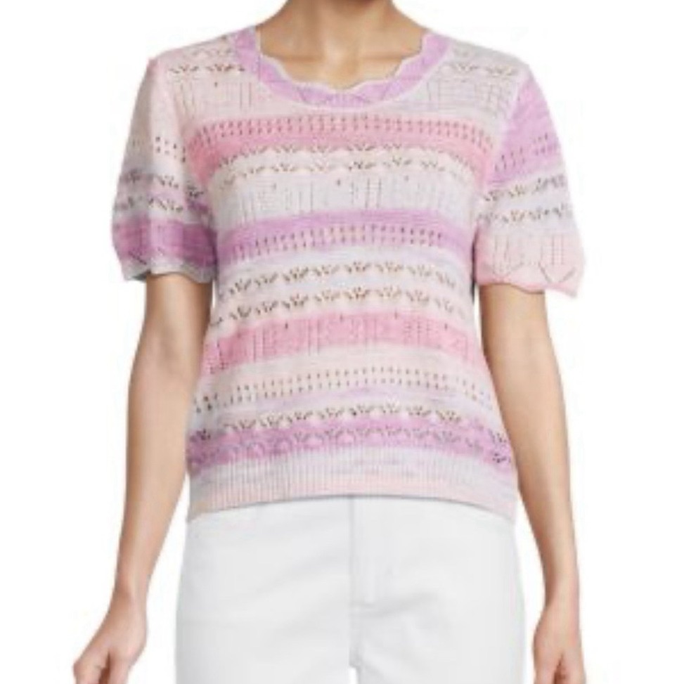 Nanette Nanette Lepore Striped Short Sleeve Sweater Pink And Purple Knit L